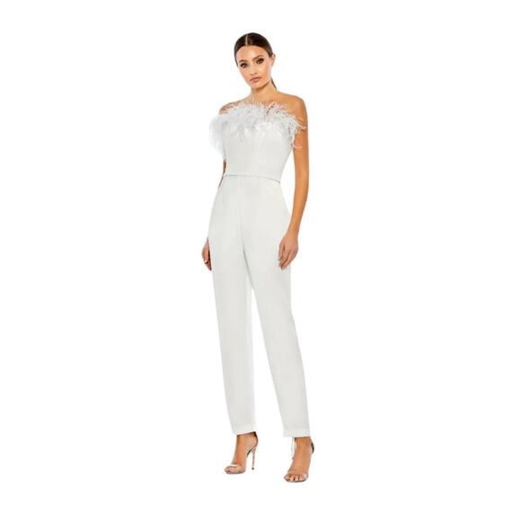 Mac Duggal Size 2 NEW Style 68146 White Strapless Jumpsuit Feather Trim Dressy - Picture 1 of 10